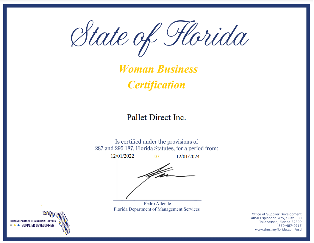 A woman business certification from the state of florida.